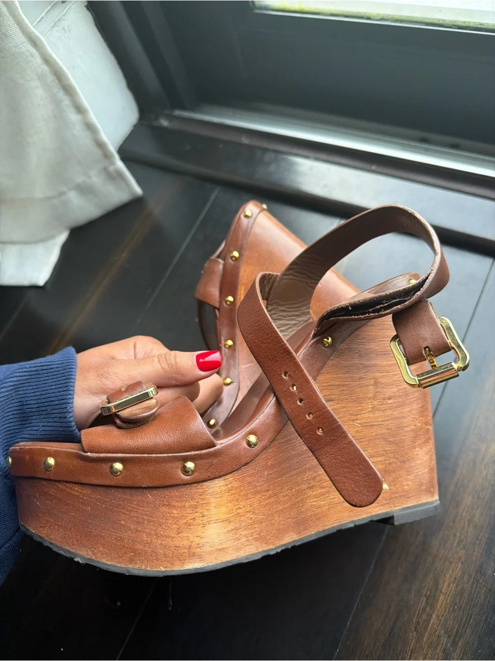 Tory Burch Brown Leather Buckle Heels with Gold Hardware